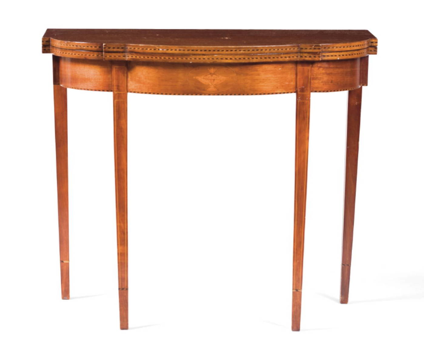 Appraisal: CENTENNIAL HEPPLEWHITE INLAID MAHOGANY CARD TABLE The table with hinged