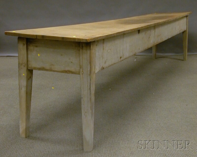 Appraisal: Long Shaker White-painted Wooden Work Table with overhanging scrubbed single-board