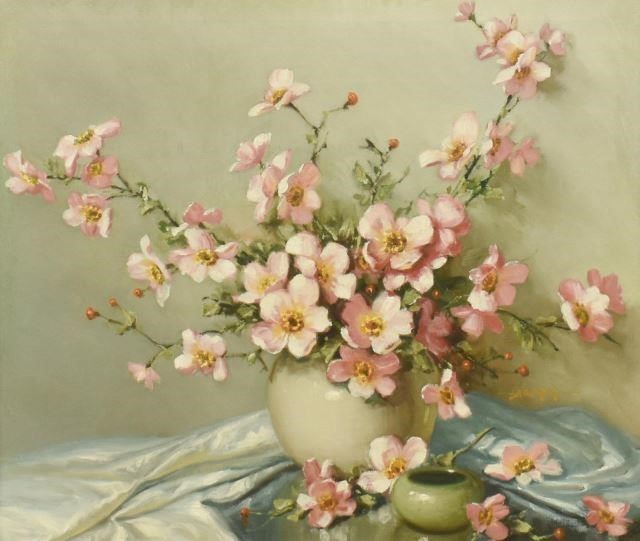 Appraisal: Framed oil on canvas painting Still Life with Dogwood Blossoms