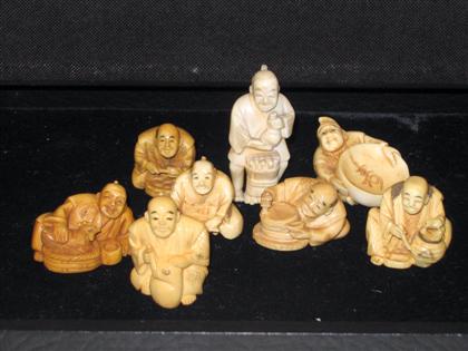 Appraisal: Eight Figural Ivory Netsuke Japanese th th c Depicting happily