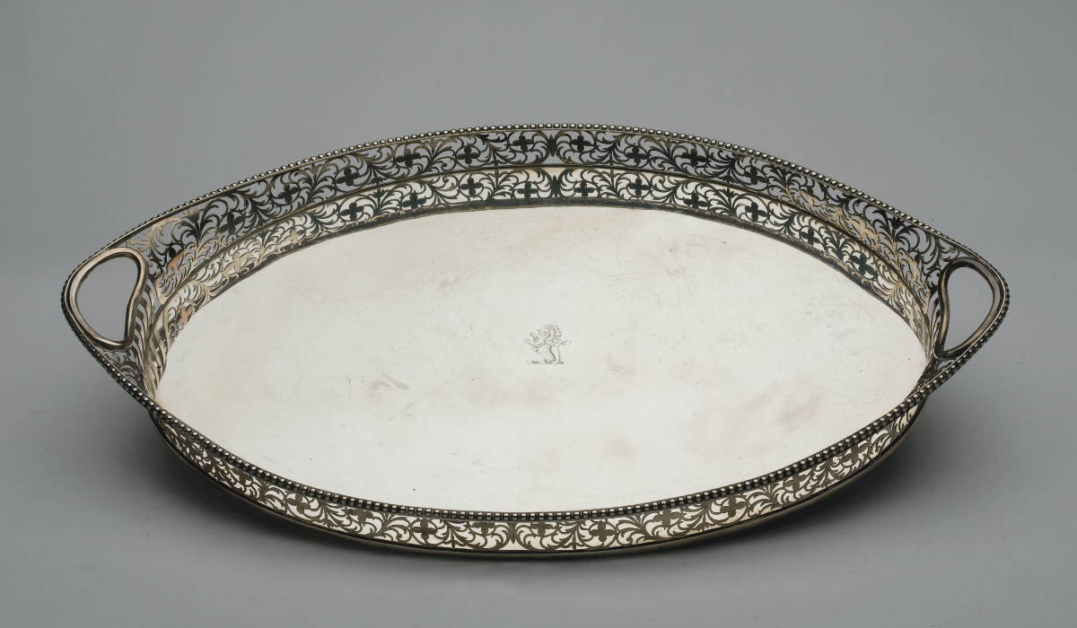 Appraisal: VICTORIAN SILVER CRESTED OVAL TRAY CHARLES STUART HARRIS LONDON -