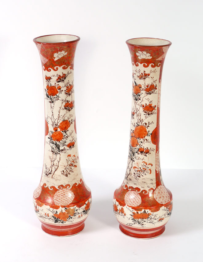 Appraisal: PAIR MEIJI PERIOD JAPANESE SATSUMA VASES Tall vases with floral