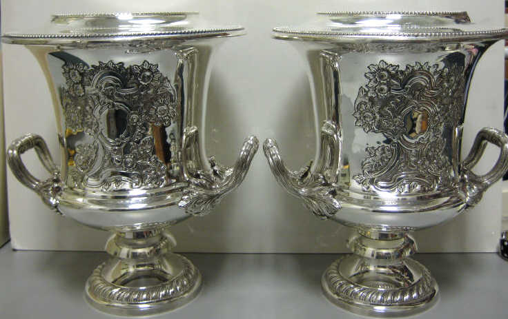 Appraisal: PAIR OF SHEFFIELD PLATED SILVER WINE COOLERS Two-handled footed urn