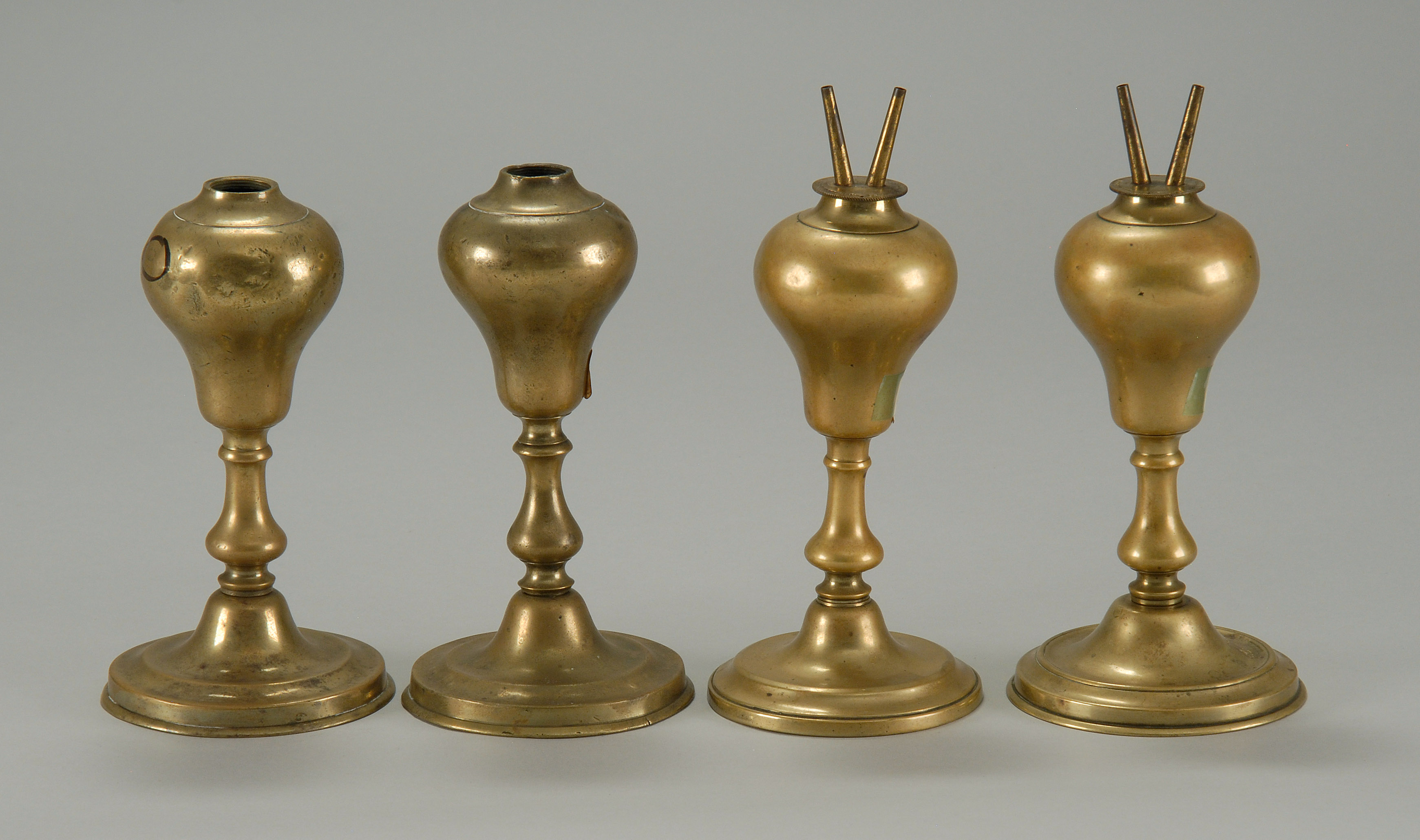 Appraisal: TWO PAIRS OF TH CENTURY FRENCH BRASS WHALE OIL LAMPS