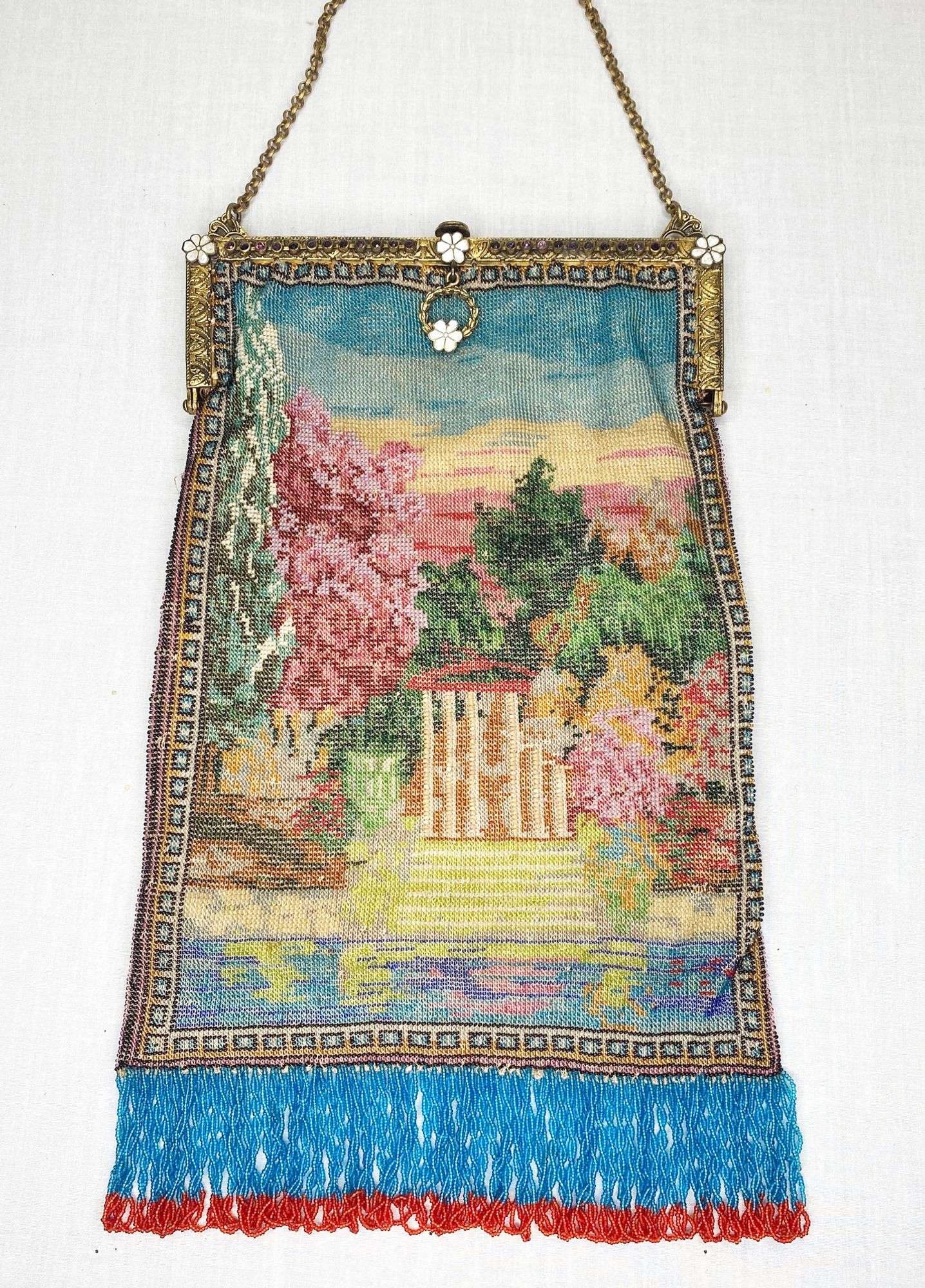 Appraisal: Micro Beaded Landscape Purse with Jeweled and Enameled Frame long