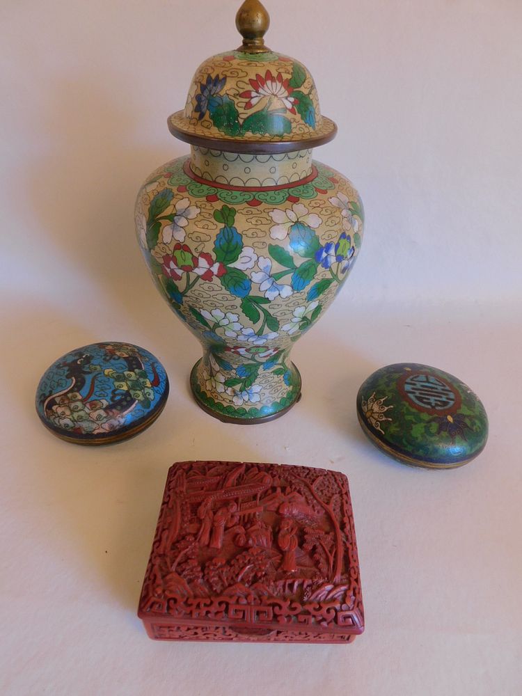 Appraisal: OLD CHINESE CLOISONNE CINNABAR LOT Lot of Chinese items inch