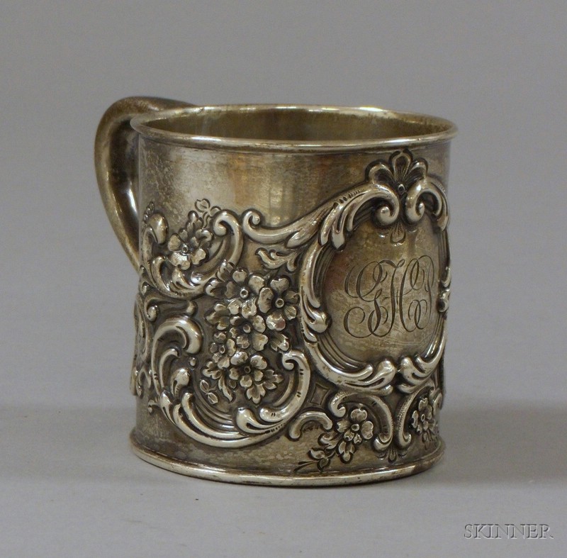 Appraisal: Wilcox Evertsen Sterling Silver Repousse Mug Monogrammed GHP ht in