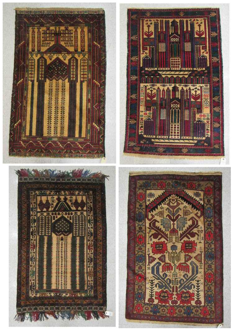 Appraisal: FOUR HAND KNOTTED AFGHAN BELOUCH PRAYER RUGS ' x '