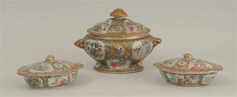 Appraisal: CANTON ROSE MEDALLION PORCELAIN TUREEN AND COVER AND A PAIR