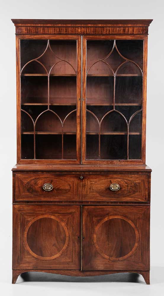 Appraisal: Hepplewhite Inlaid Secretary Bookcase British circa figured mahogany veneers with