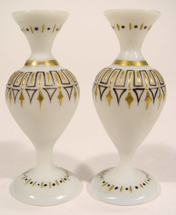 Appraisal: Pair of miniature opaque glass vases with gilded and enamel