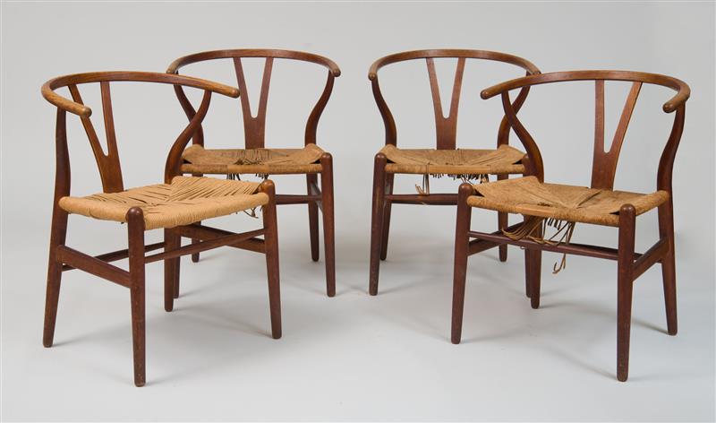 Appraisal: Set of Four Chairs Hans Wegner c Oak papercord branded