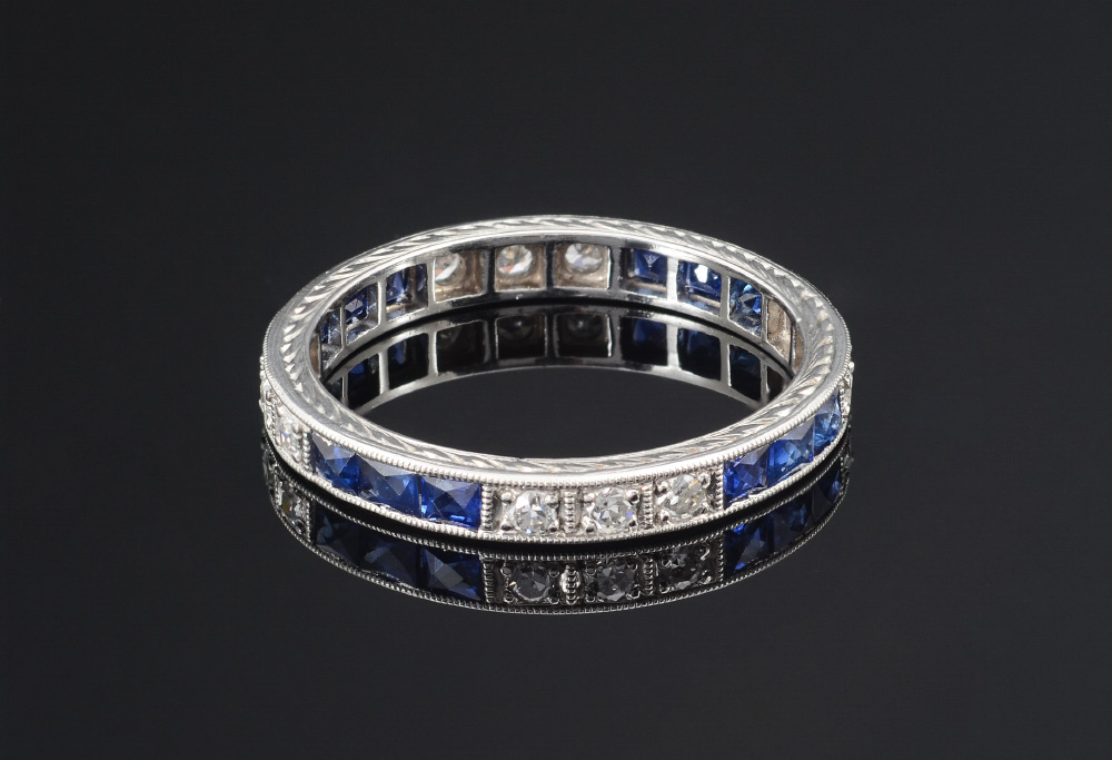 Appraisal: ART DECO PLATINUM SAPPHIRE AND DIAMOND BAND RING Ca 'S