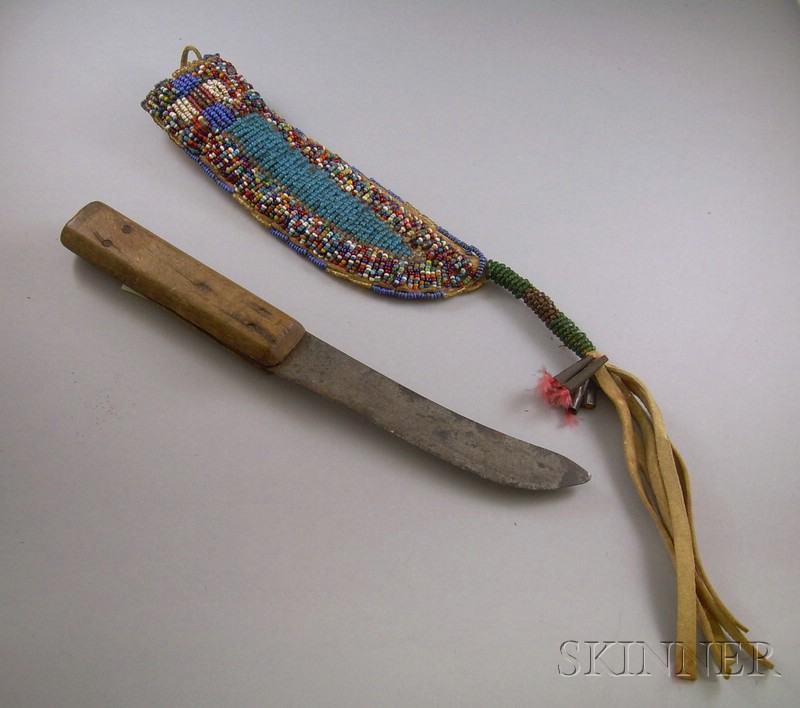 Appraisal: Plains Beaded Knife Sheath and Knife knife blade by I