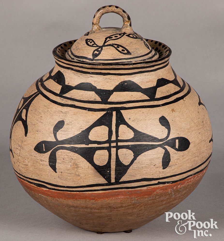 Appraisal: Tesuque Pueblo Indian lidded pottery jar Tesuque Pueblo Indian lidded