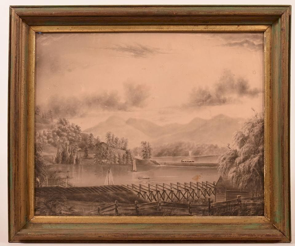 Appraisal: Charcoal Drawing of Lake Railroad Scene Unsigned th Century Charcoal