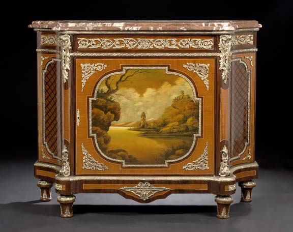 Appraisal: Large French Gilt-Brass-Mounted Tulipwood and Mahogany Marble-Top Parlor Cabinet in