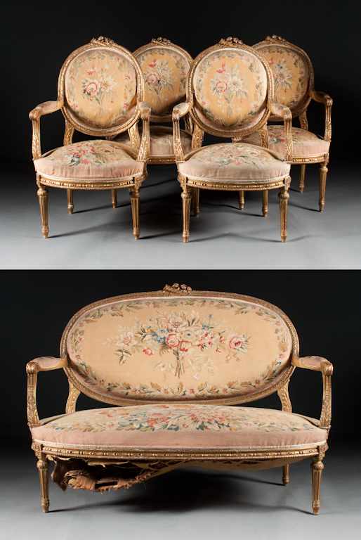 Appraisal: Louis XVI style carved giltwood tapestry upholstered five-piece parlor suite