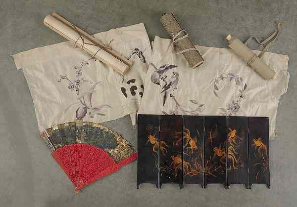 Appraisal: Three Chinese watercolor scrolls together with a carved ivory fan