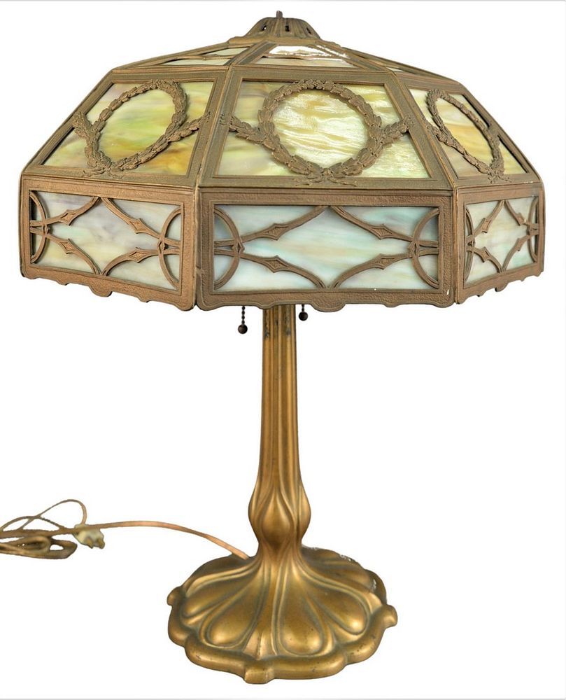 Appraisal: Slag Glass Panel Table Lamp having two lights and wreath