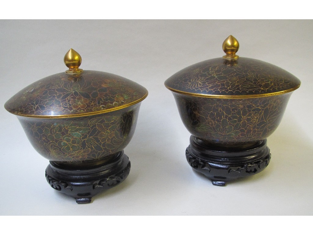 Appraisal: A pair of cloisonne bowls and covers decorated with dense