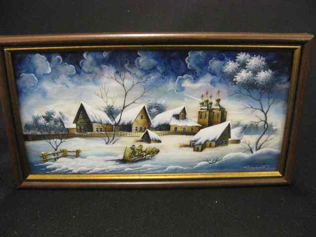 Appraisal: Russian Lacquerware Plaque winter landscape with village abalone reflective highlights