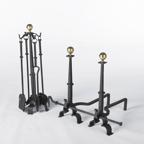 Appraisal: FIREPLACE SET Contemporary pair of andirons with incised steel and