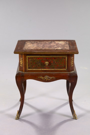 Appraisal: French Gilt-Brass-Mounted Mahogany Boulle and Marble-Top Side Table early th