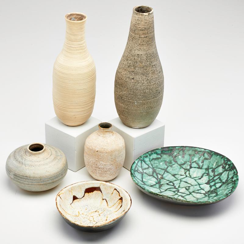 Appraisal: MARK KERAM Six studio pottery pieces four vases and two