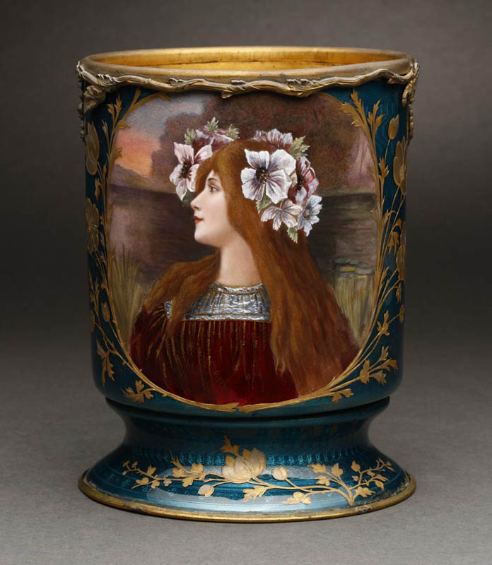 Appraisal: A French Art Nouveau enameled cachepot maiden A French Art