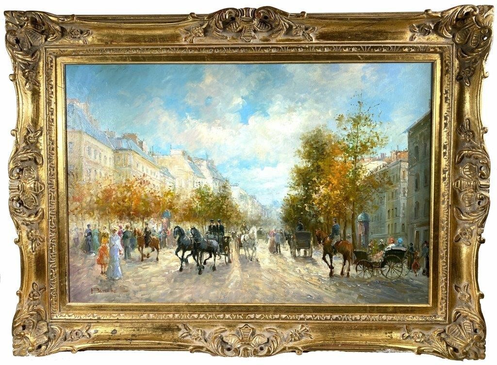 Appraisal: Oil on canvas painting of a Paris Street scene by