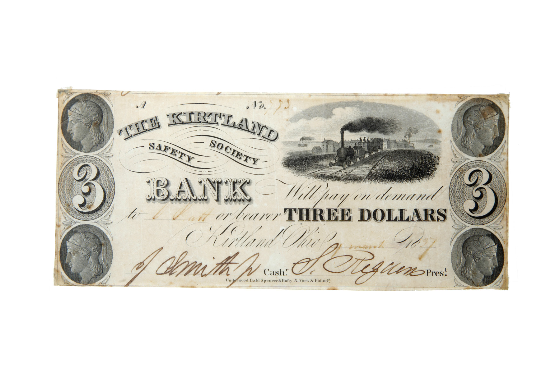 Appraisal: KIRTLAND SAFETY SOCIETY BANK NOTE Ohio dated March and signed