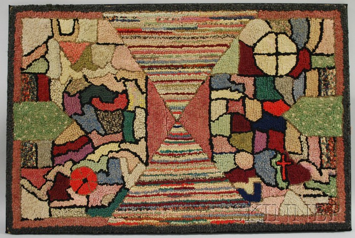 Appraisal: Wool and Cotton Geometric Hooked Rug with Floral Border mounted