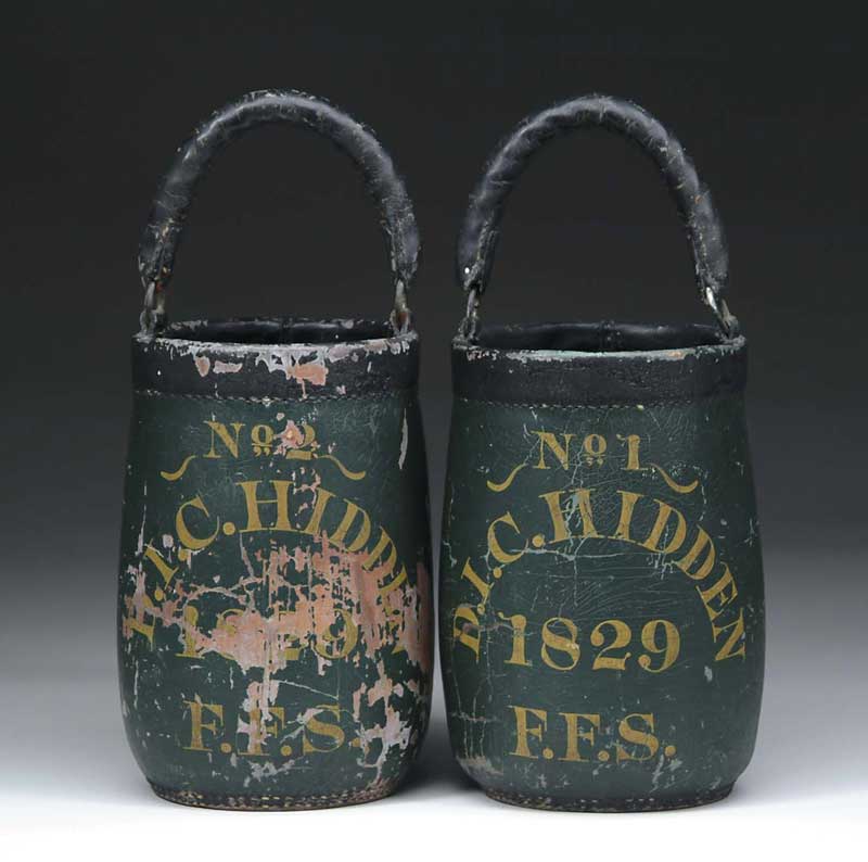 Appraisal: PAIR OF PAINTED LEATHER FIRE BUCKETS D I C HIDDEN