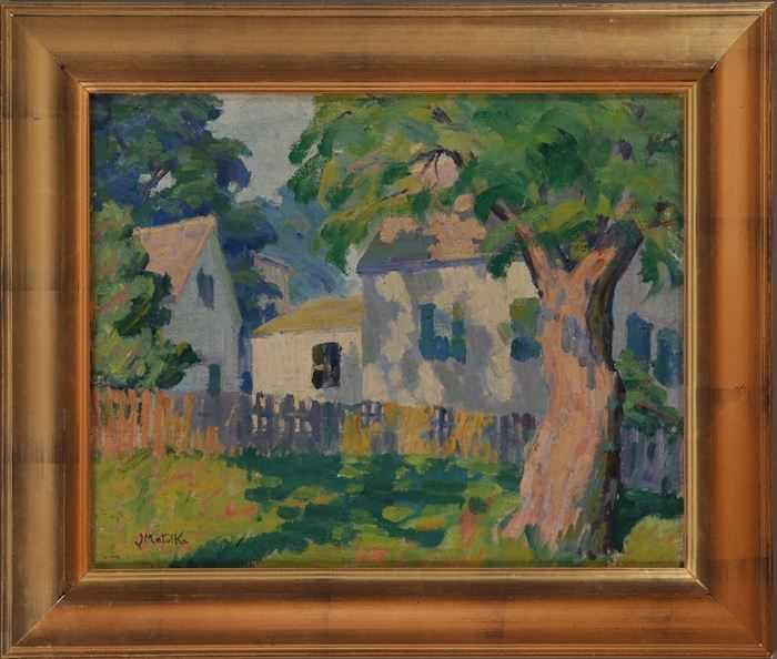 Appraisal: ATTRIBUTED TO JAN MATULKA TREE SHADING HOUSES AND FENCE Oil