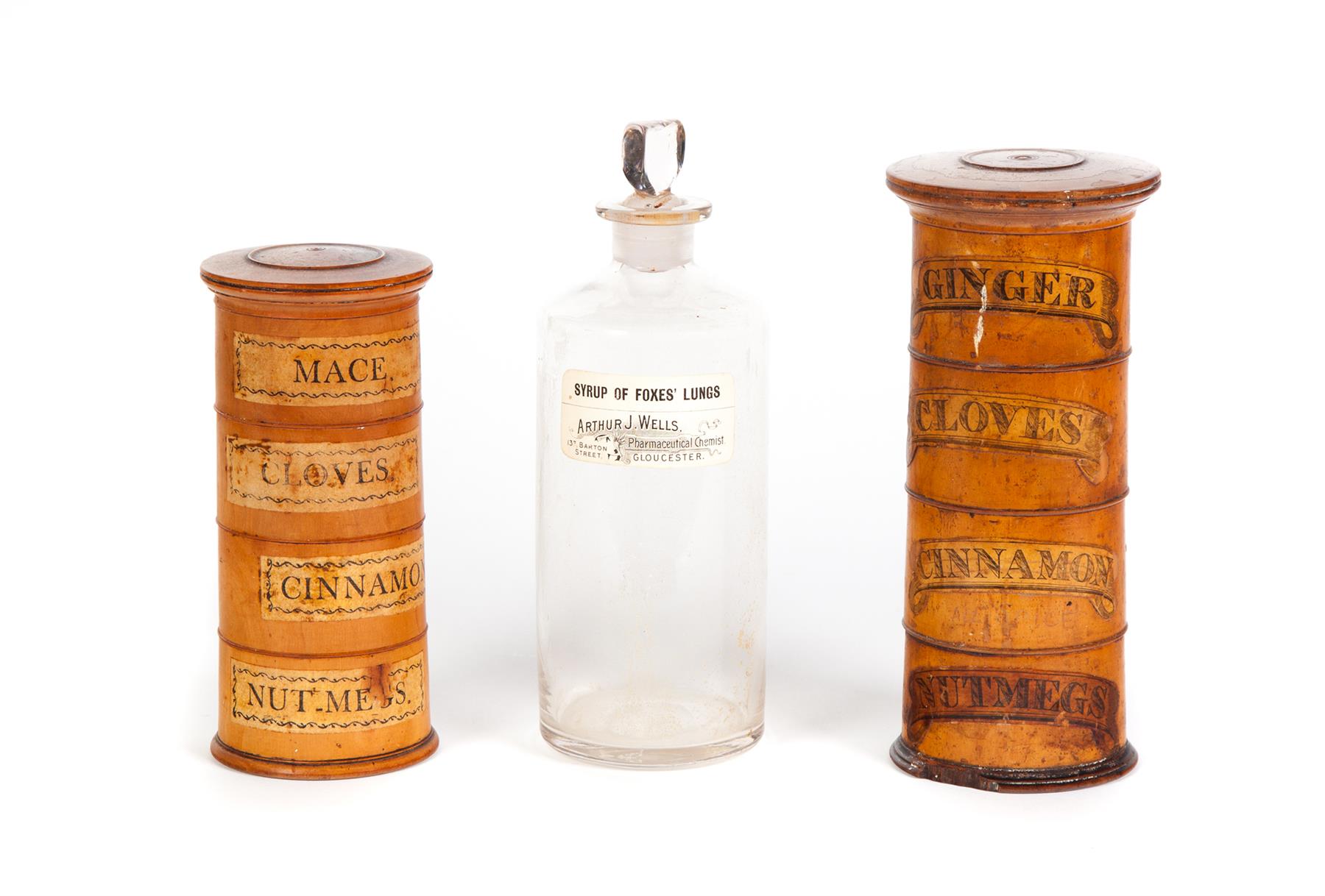 Appraisal: TWO SPICE TOWER CONTAINERS AND A GLASS APOTHECARY JAR England