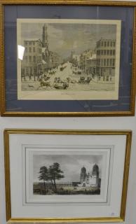 Appraisal: Three framed colored lithographs and prints including The Post Office