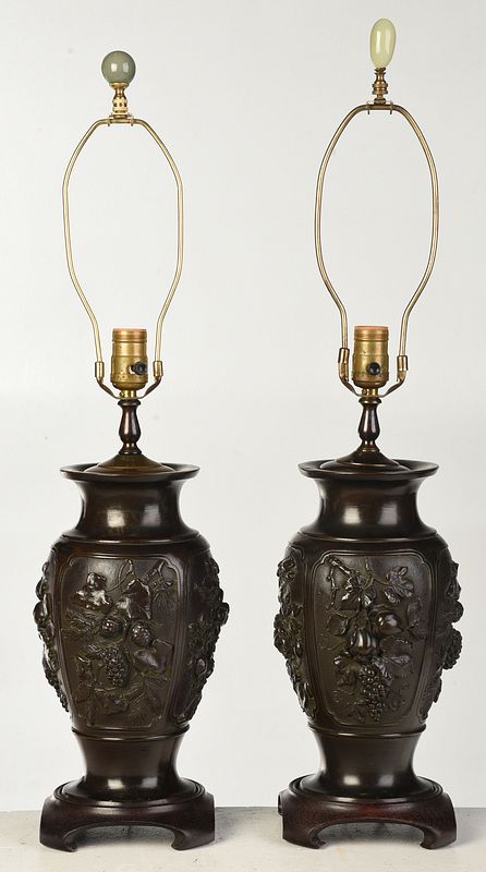 Appraisal: Pair of Asian Patinated Bronze Urn Form Lamps probably Japanese