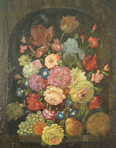 Appraisal: Dutch School A floral still life in an alcove unsigned