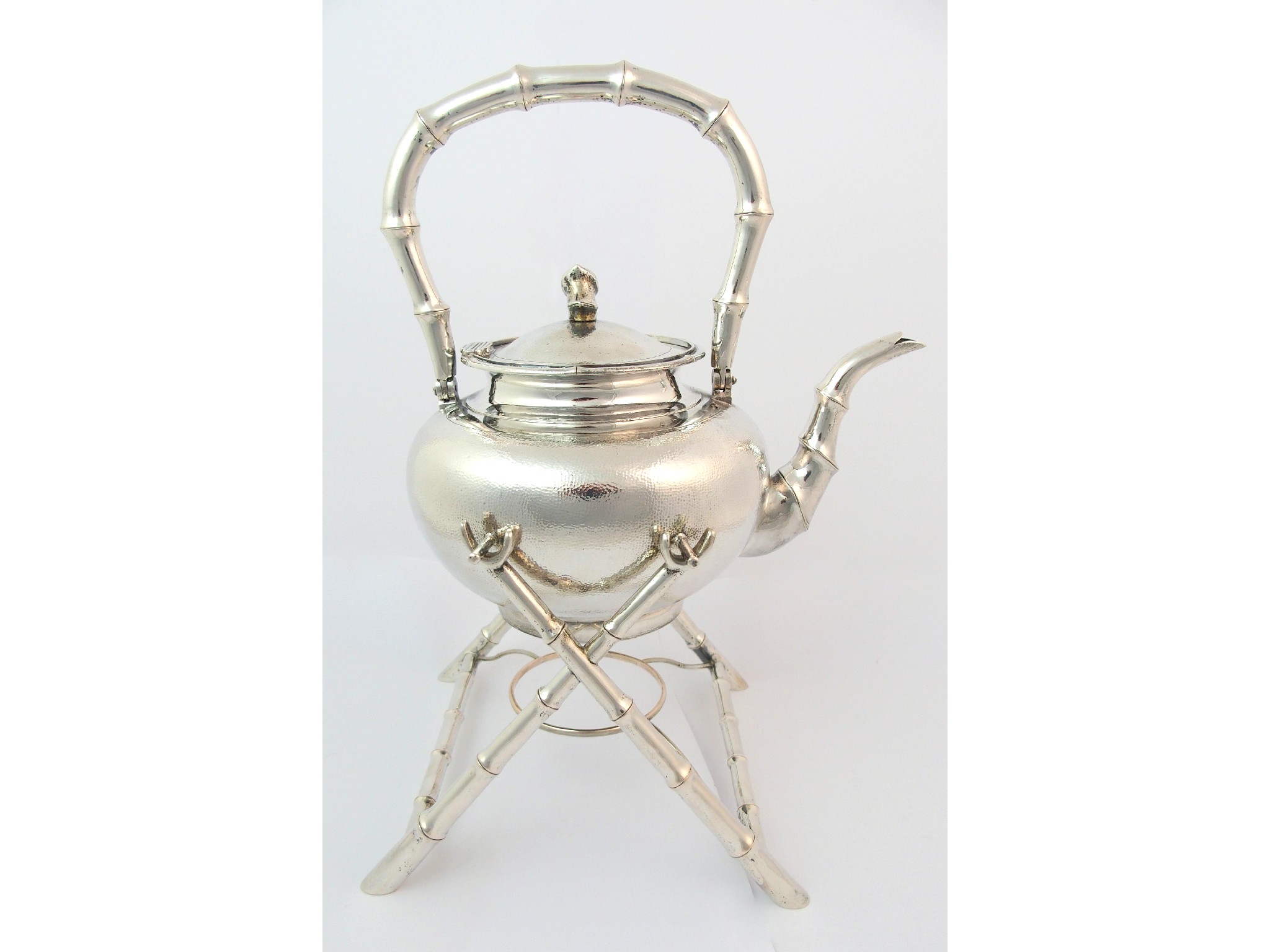 Appraisal: A Chinese silver tea kettle and standof bamboo form with