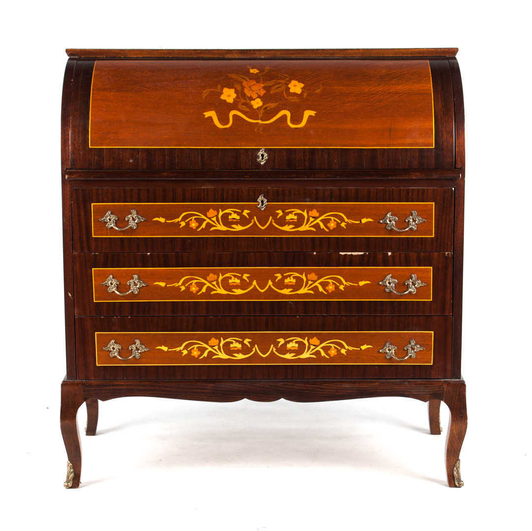 Appraisal: Italian cylinder top desk mahogany and satinwood desk with floral