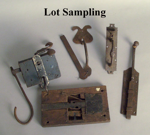 Appraisal: Group of wrought iron hardware box locks thumb latches etc