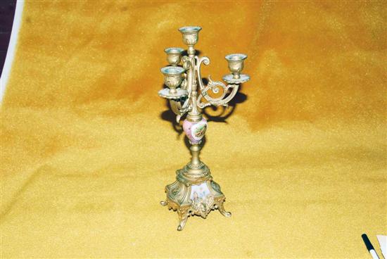 Appraisal: SEVRES-STYLE CANDLEABRUM Gilt metal and porcelain light Crack to porcelain