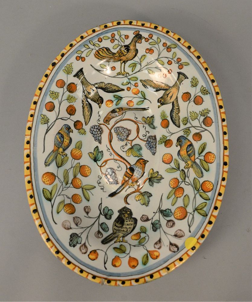 Appraisal: Earthenware Oval Deep Platter with birds and fruit with two