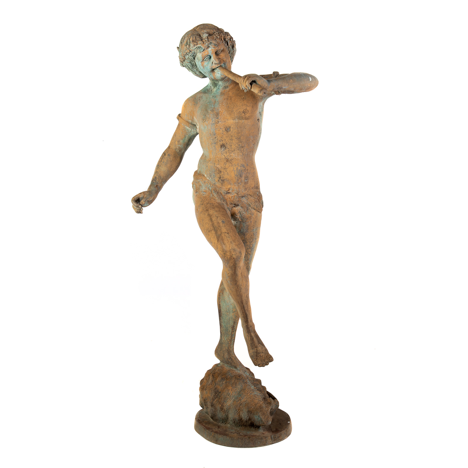 Appraisal: SPRITE BOY BRONZE GARDEN FIGURE Musical Sprite figure standing on