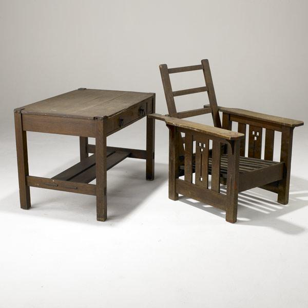 Appraisal: STICKLEY BROS Library table and Morris chair both in as-is