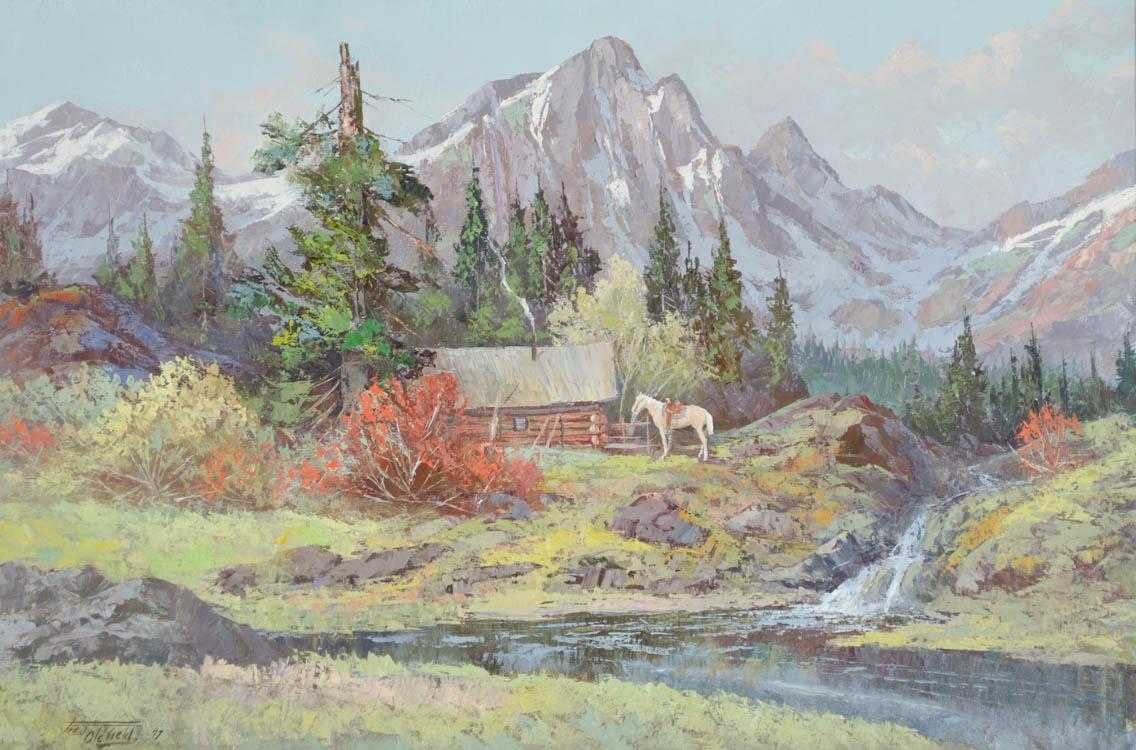 Appraisal: FRED OLDFIELD OIL ON CANVAS Washington born Trapper's cabin with