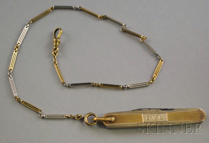 Appraisal: Bicolor kt Gold Watch Chain and Pocketknife the chain with