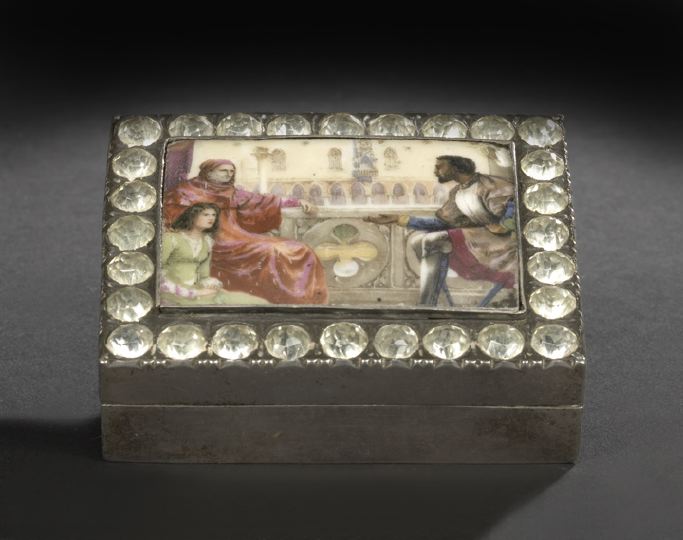 Appraisal: Continental Silverplate Hand-Painted Porcelain and Paste Brilliant Sweetmeats Snuff Box