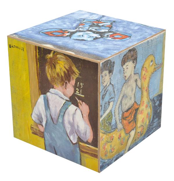 Appraisal: DAVID BROMLEY BORN A painted cube depicting various scenes including